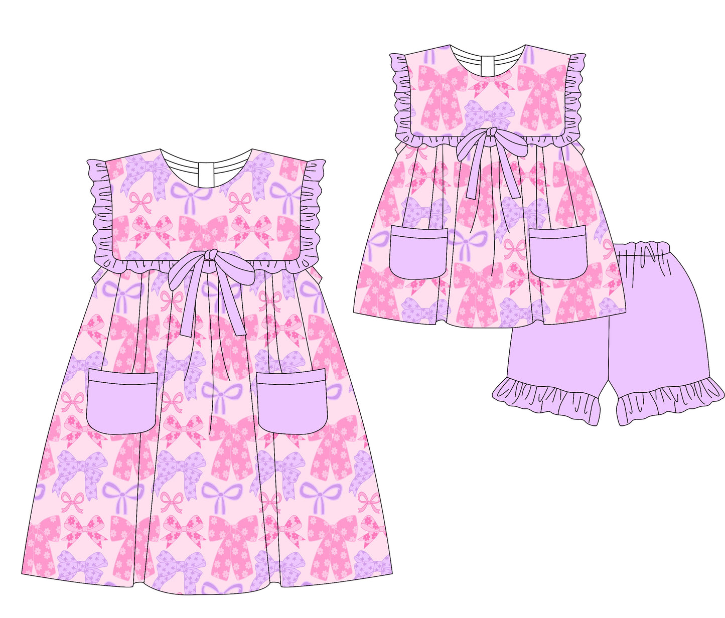 3.5(Custom Design Preorder MOQ 5 Each Design) Pink Purple Flowers Bows Print Pockets Girls Summer Matching Clothes Sisters Wear