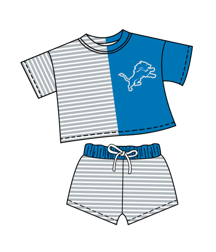 (Custom Design Preorder MOQ 5) Team's Detroit Lions Stripes Print Shorts Kids Summer Clothes Set