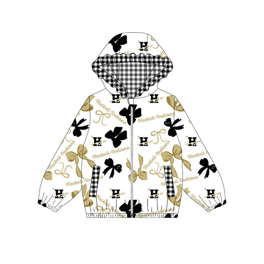(Custom Design Preorder MOQ 5) HASKELL INDIANS Bows Print Pockets Girls Long Sleeve Zipper Jackets Top