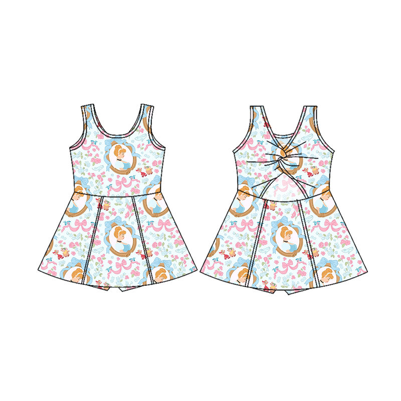 (Custom Design Preorder MOQ 5) Cartoon Princess Bows Print Shorts Skirts Girls Summer Yoga Dress