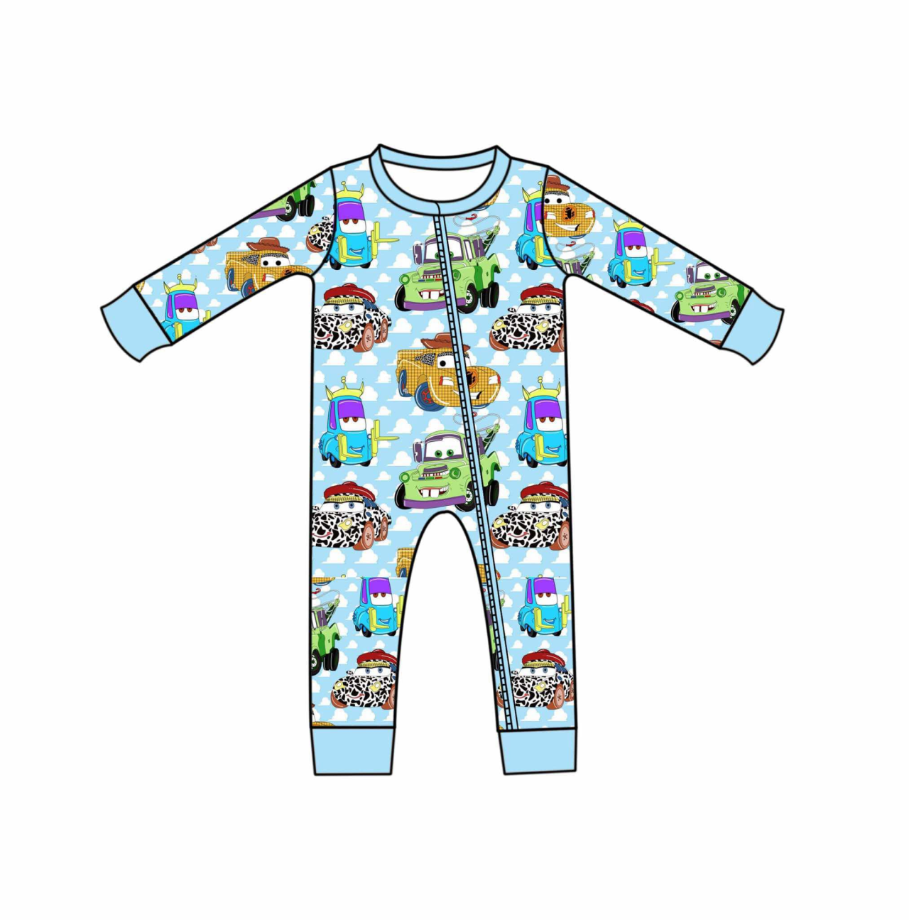 (Custom Design Preorder MOQ 5) Cartoon Cars Print Baby Boys Long Sleeve Zipper Sleeper Romper