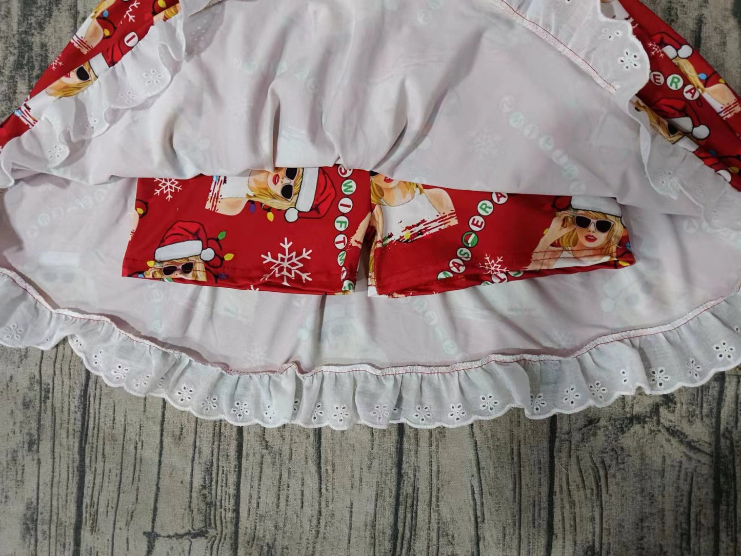 (Custom Design Preorder MOQ 5) Singer Swiftie Red Print Skirts With Shorts Girls Christmas Clothes Set