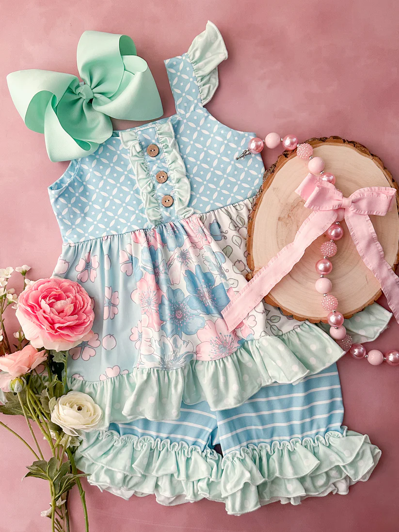 (Custom Design Preorder MOQ 5) Blue Flowers Tunic Top Stripes Shorts Girls Summer Clothes Set