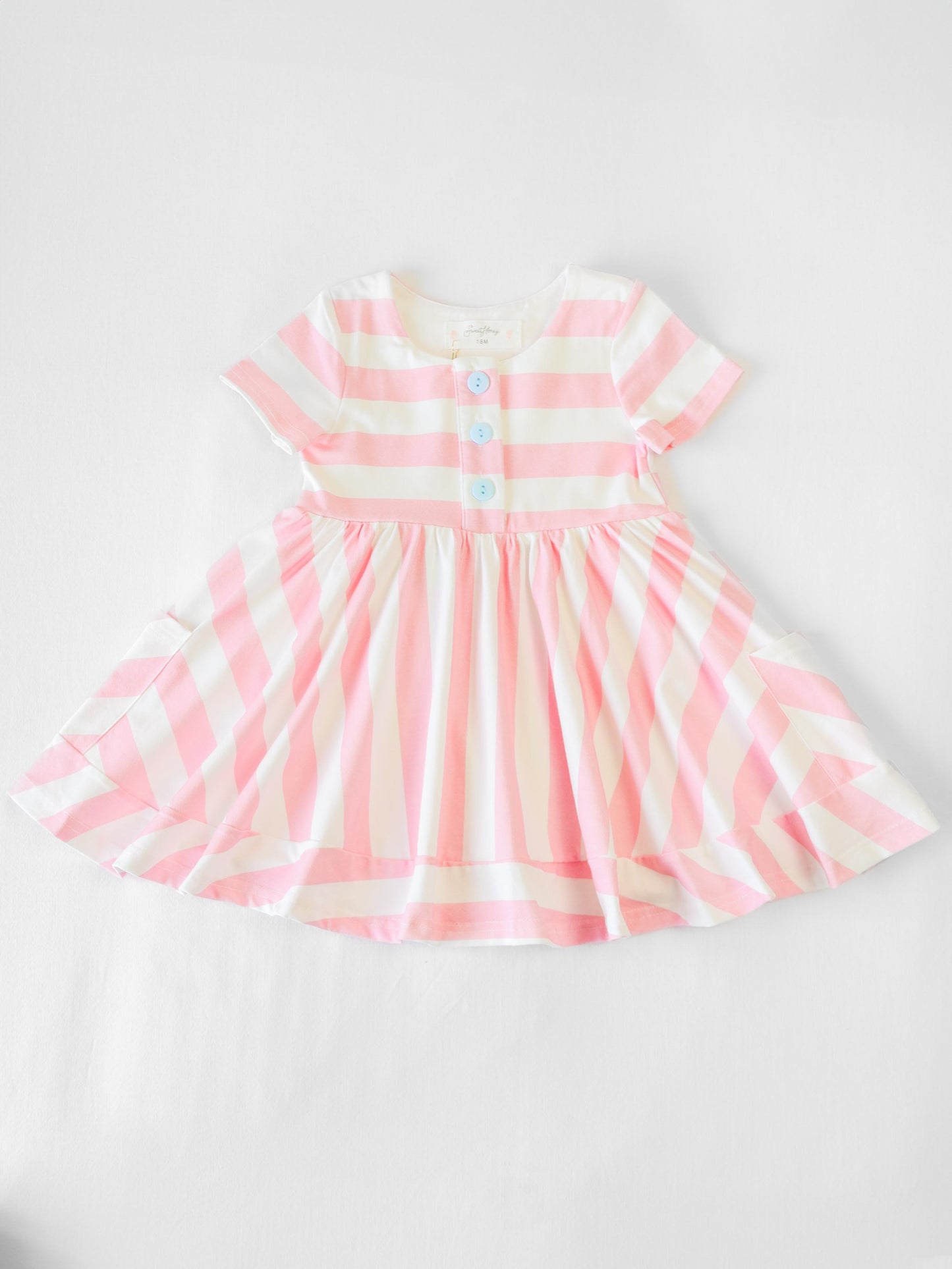 (Custom Design Preorder MOQ 5) Pink Stripes Print Girls Summer Knee Length Dress
