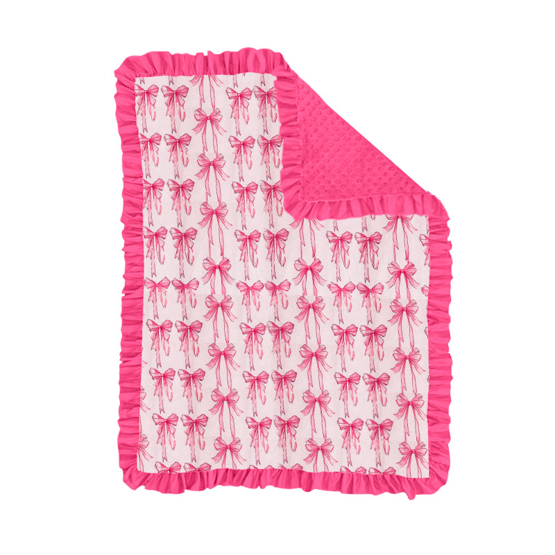 (Custom Design Preorder MOQ 5) Pink Bows Print Baby Girls Ruffle Blanket