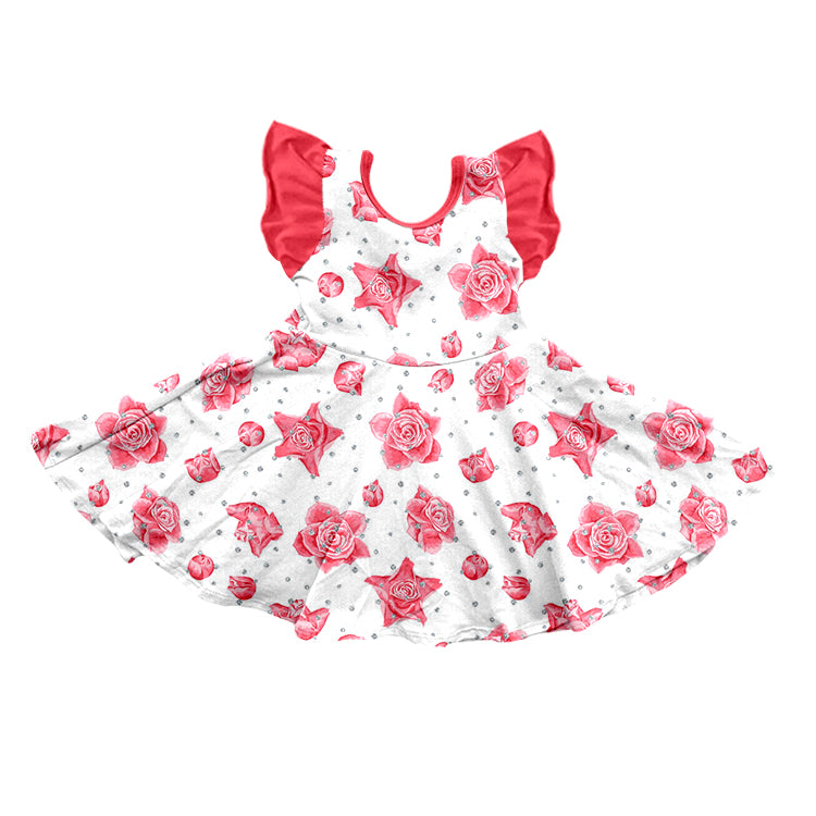 (Custom Design Preorder MOQ 5) Red Rose Print Girls Knee Length Summer Dress
