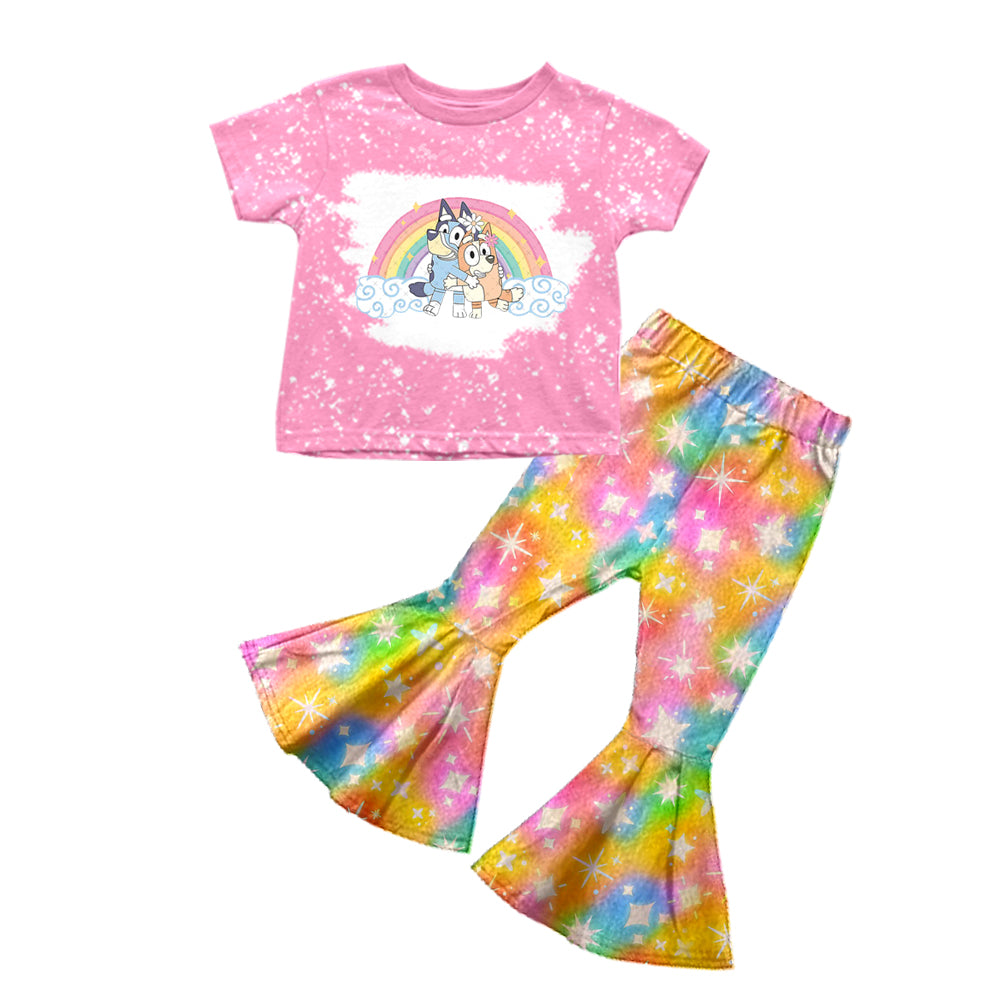 (Custom Design Preorder MOQ 5) Cartoon Dog Top Tie-dye Bell Pants Girls Clothes Set
