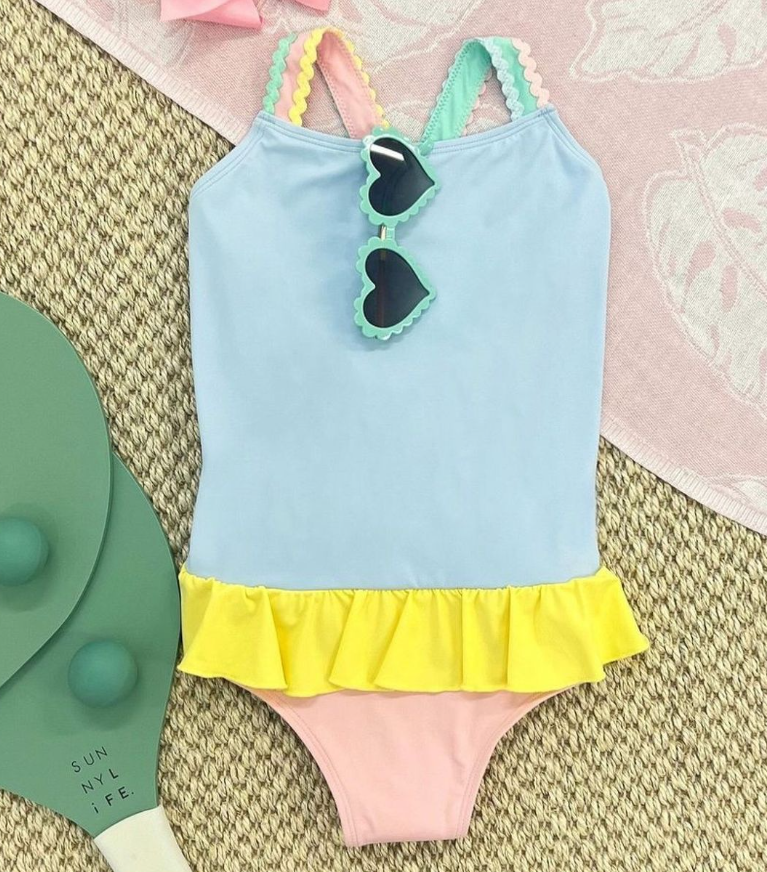 (Custom Design Preorder MOQ 5) Blue Pink Yellow Colors Ruffle Girls 1 Piece Swimsuits