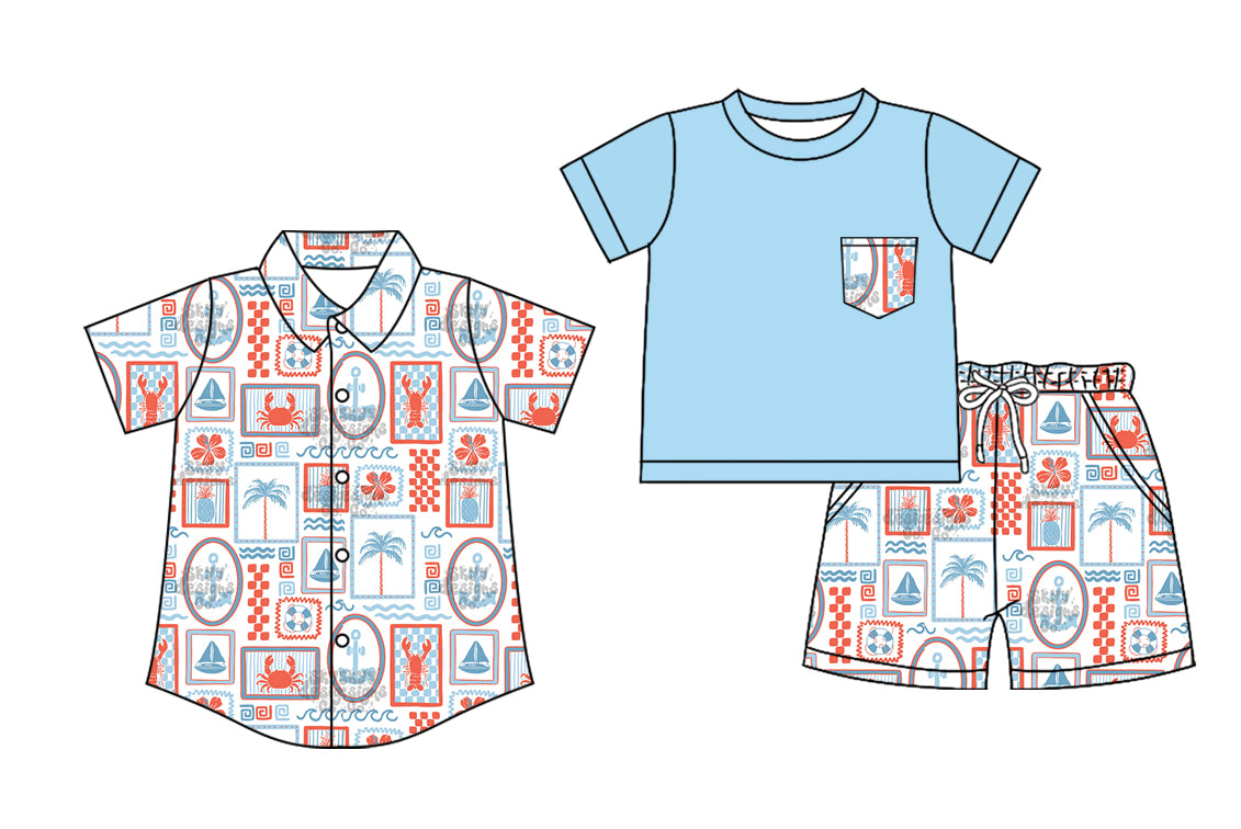 4.14(Custom Design Preorder MOQ 5 Each Design) Seaside Print Boys Summer Matching Clothes Brothers Wear