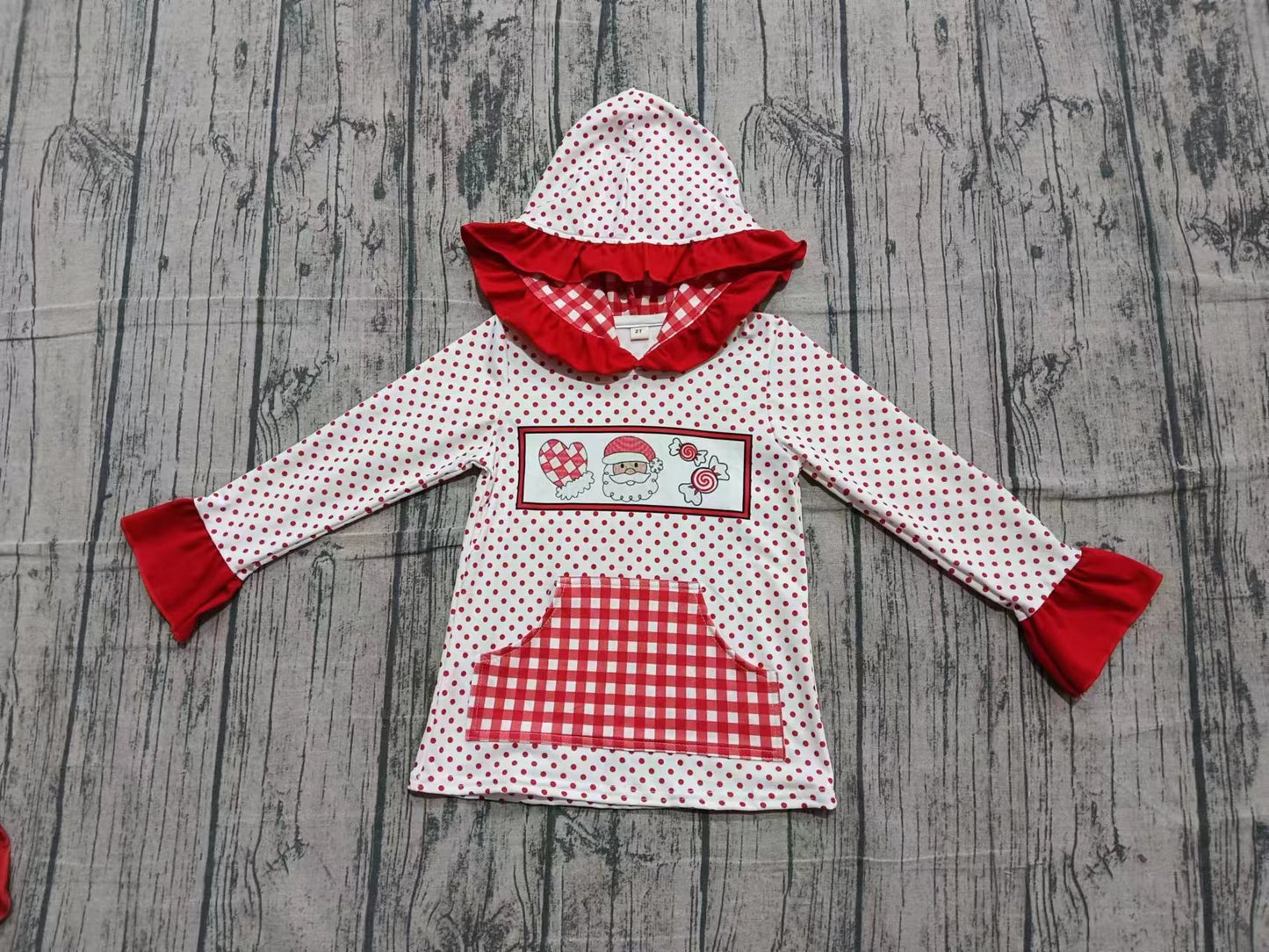 (Custom Design Preorder MOQ 5) Santa Candy Dots Print Girls Christmas Hoodie Top
