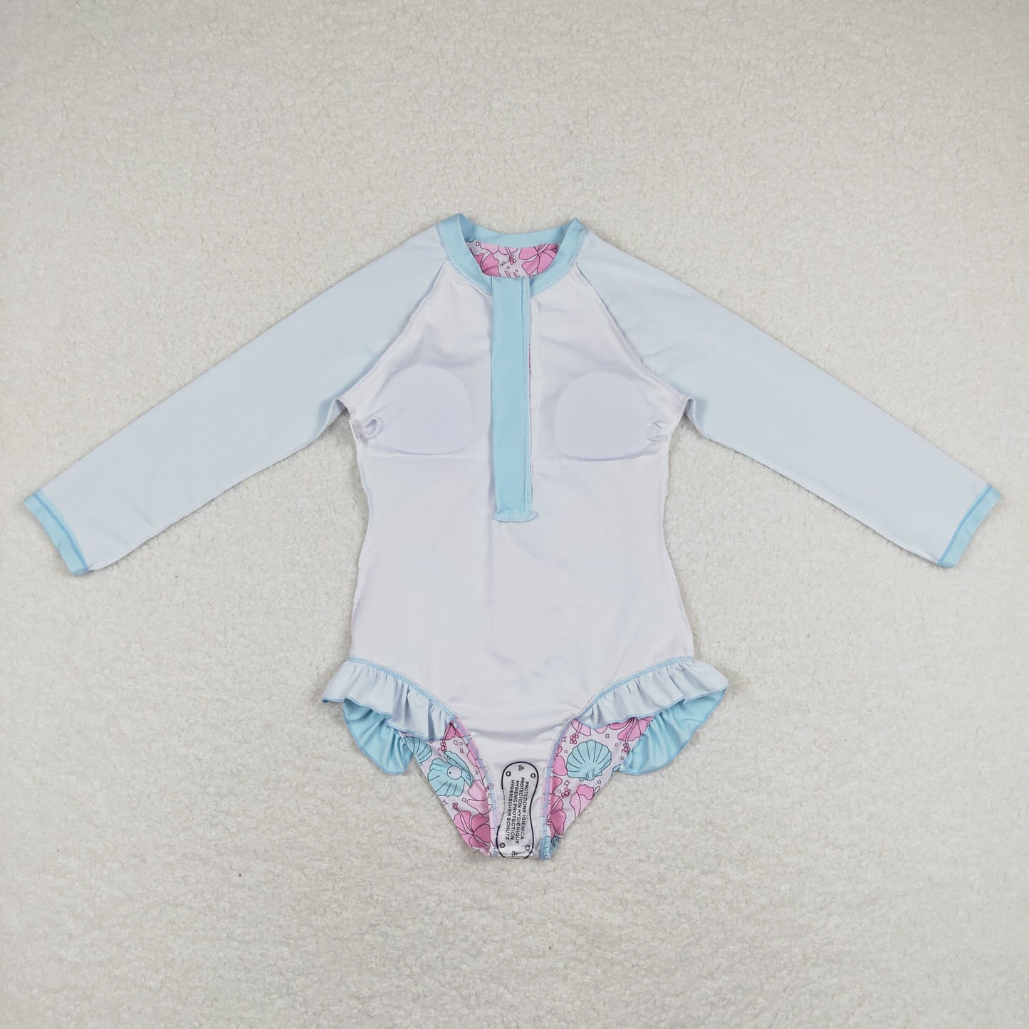 S0182 Girls Pink Flowers Blue Conch Print Long Sleeve Zipper 1 Piece Swimsuits