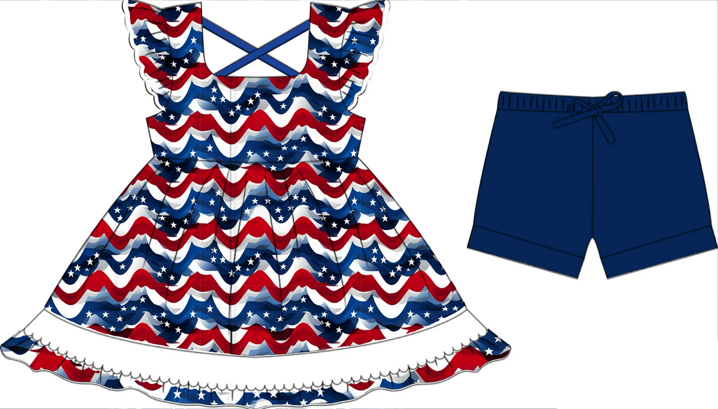 (Custom Design Preorder MOQ 5) Stars Tunic Top Blue Shorts Girls 4th of July Clothes Set