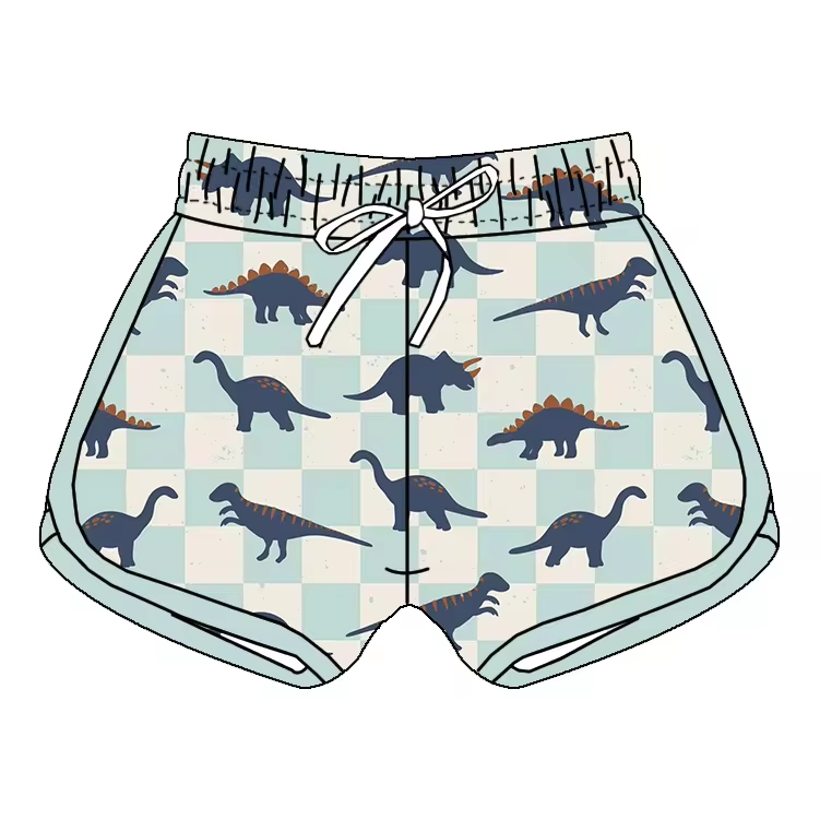 (Custom Design Preorder MOQ 5) Dino Plaid Print Boys Summer Shorts
