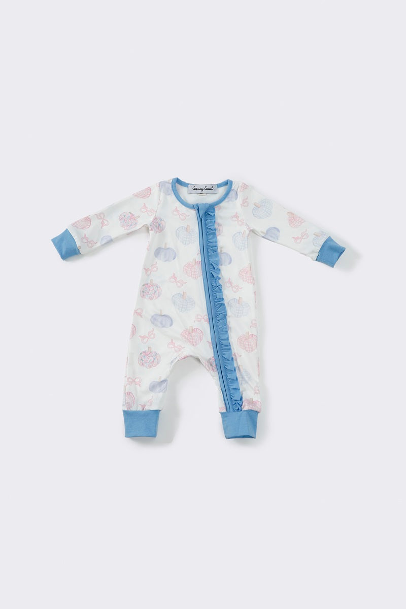 (Custom Design Preorder MOQ 20) Pumpkin Bows Blue Print Baby Girls Fall Bamboo Sleeper Zipper Romper