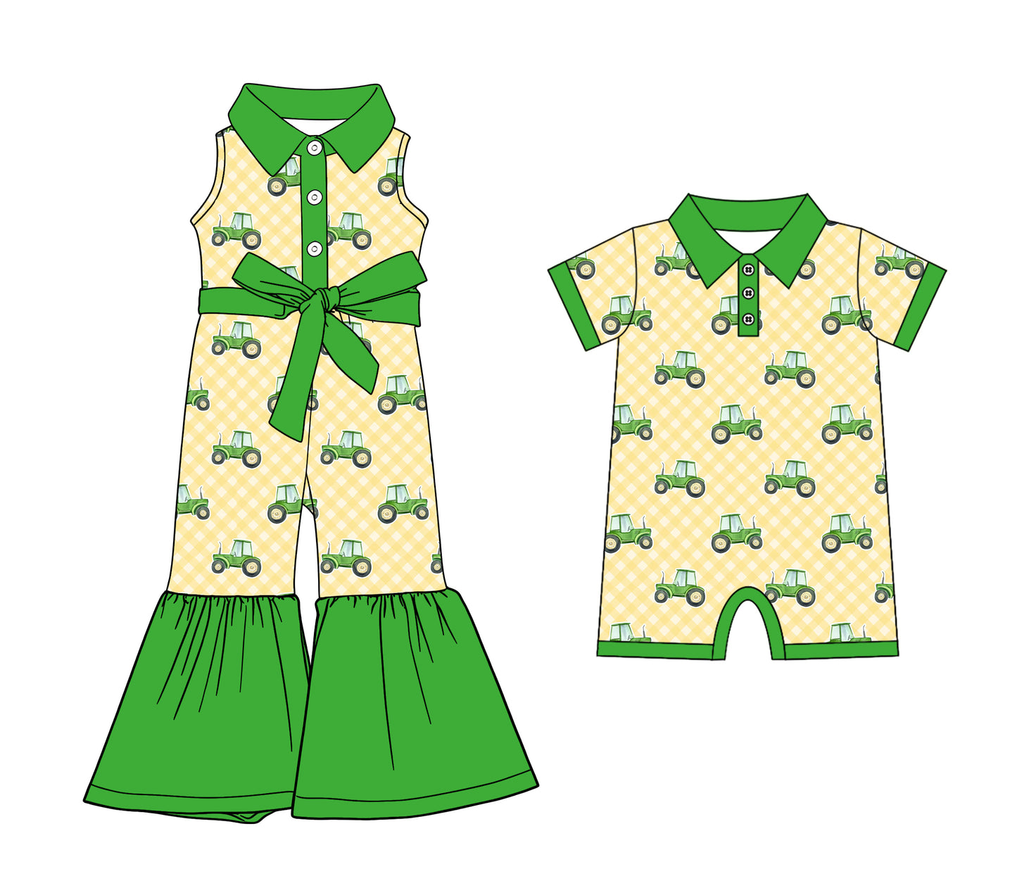 12.8 (Custom Design Preorder MOQ 5 Each Design) Tractors Plaid Print Kids Summer Matching Clothes Sibling Wear