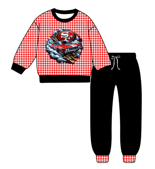 (Custom Design Preorder MOQ 5) Team's SF Plaid Print Black Pants Kids Fall Clothes Set