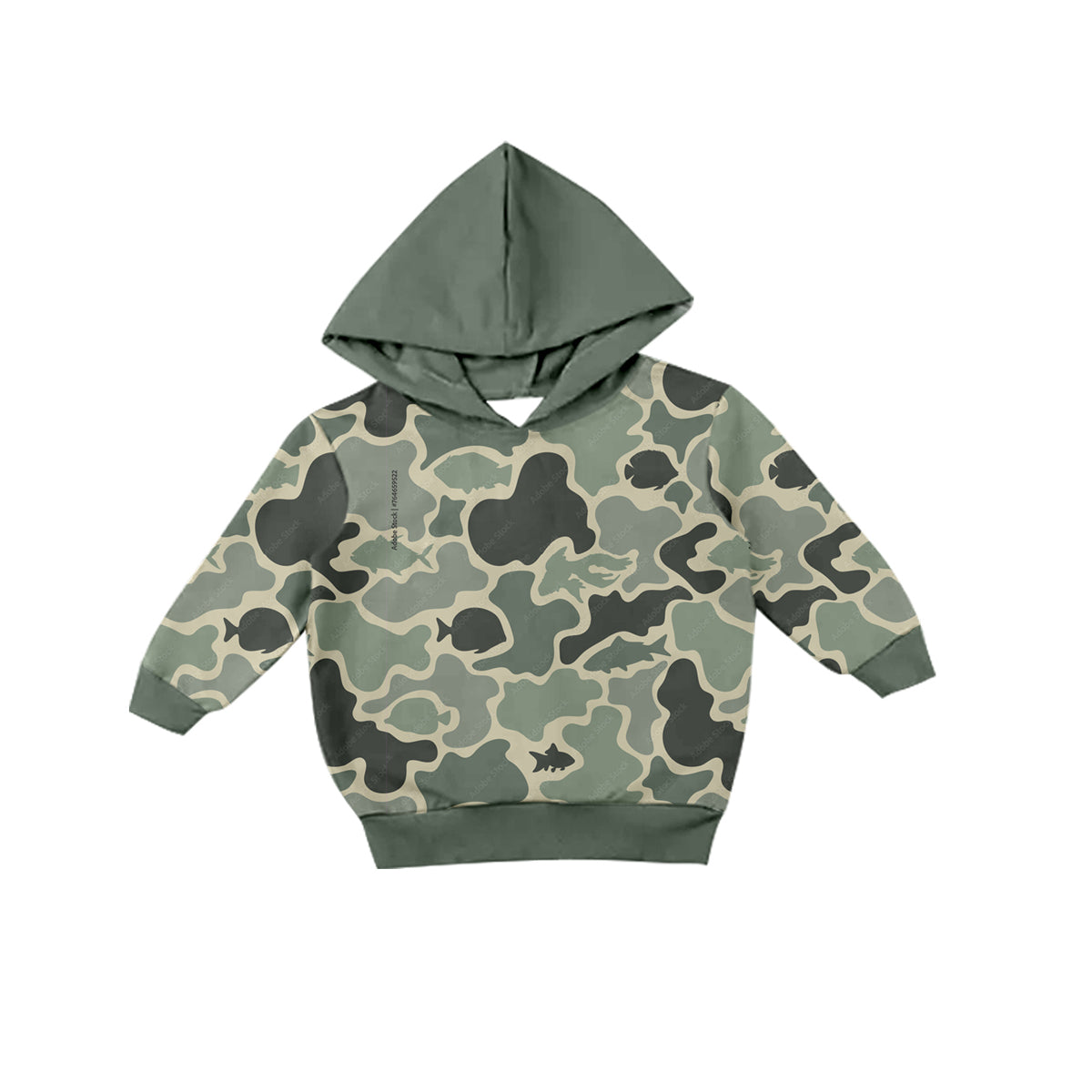 (Custom Design Preorder MOQ 5) Green Camo Fish Print Kids Long Sleeve Hoodie Tee Shirts Top