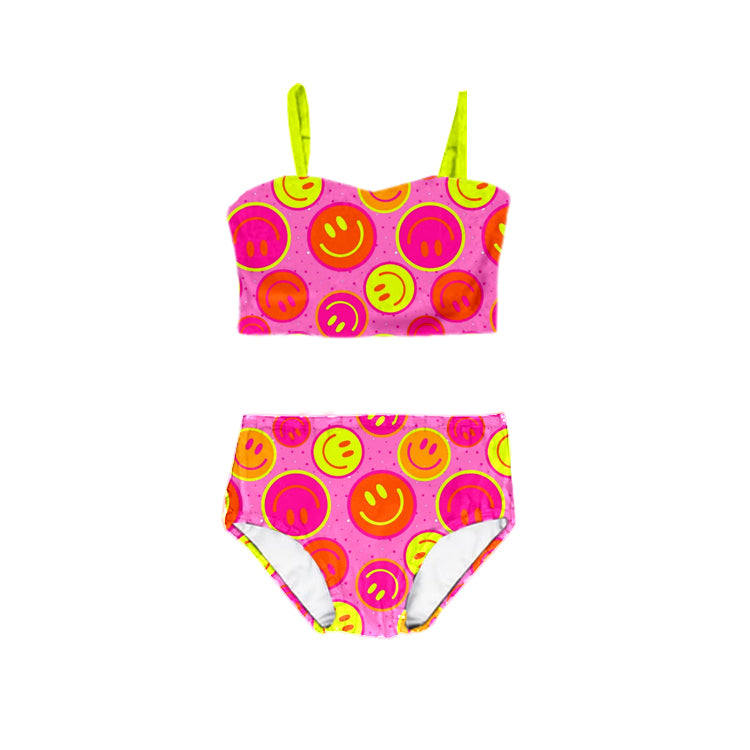 (Custom Design Preorder MOQ 5) Hot Pink Smiling Face Print Girls 2 Pieces Swimsuits