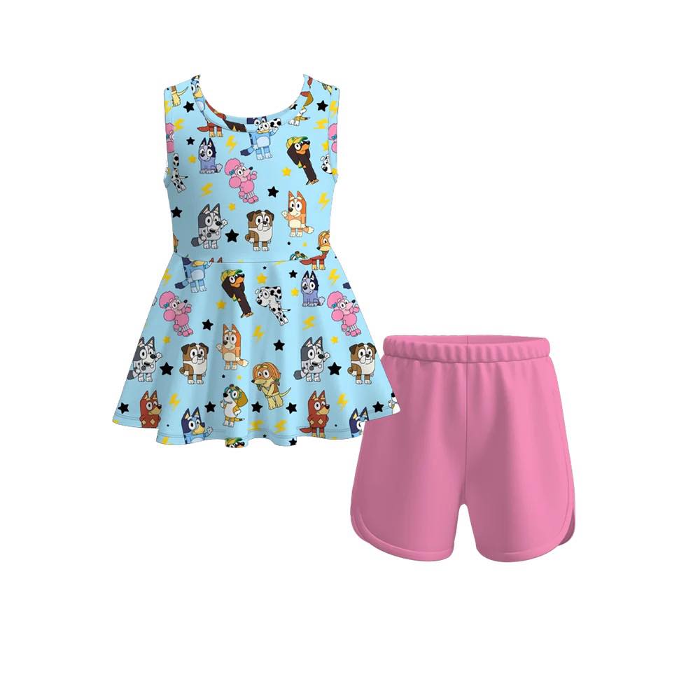 (Custom Design Preorder MOQ 5) Cartoon Dog Stars Top Pink Shorts Girls Summer Clothes Set