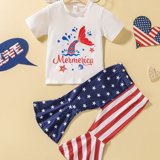 (Custom Design Preorder MOQ 5) Mermaid Top Stars Stripes Bell Pants Girls 4th of July Clothes Set