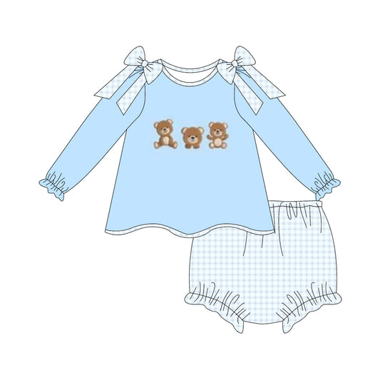 (Custom Design Preorder MOQ 5 ) Cute Bear Blue Top Plaid Shorts Baby Girls Fall Bummie Set