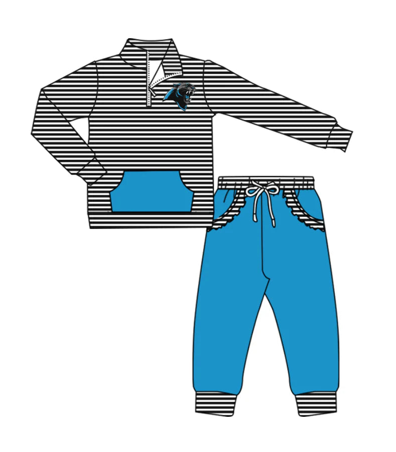 (Custom Design Preorder MOQ 5) Team's Panthers Stripes Zipper Top Pockets Pants Girls Clothes Set