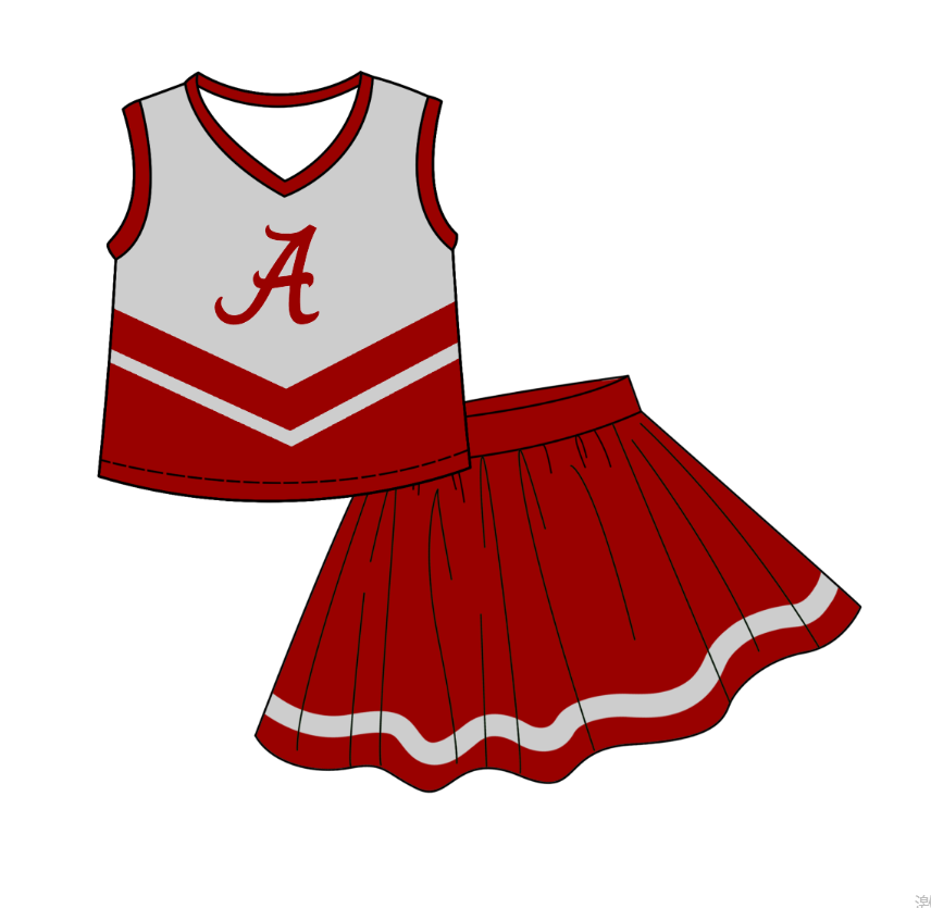 (Custom Design Preorder MOQ 5 ) Team's Red Alabama Print Skirts Shorts Girls Summer Clothes Set
