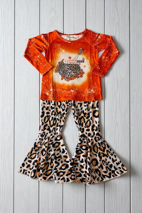 (Custom Design Preorder MOQ 5) Pumpkin Top Leopard Bell Pants Girls Fall Clothes Set