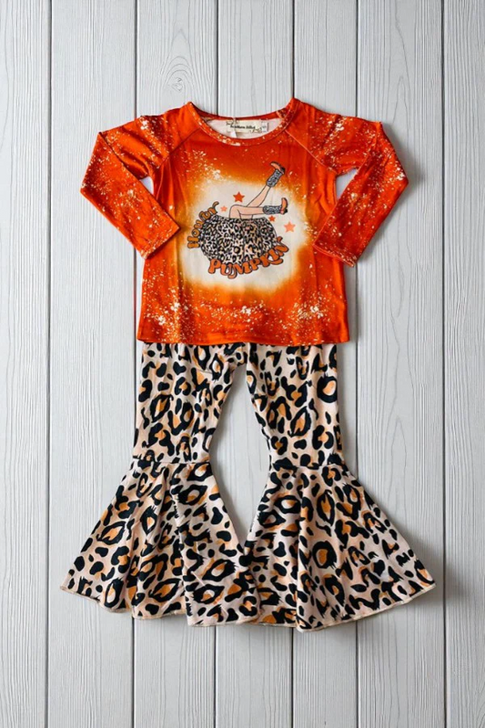 (Custom Design Preorder MOQ 5) Pumpkin Top Leopard Bell Pants Girls Fall Clothes Set