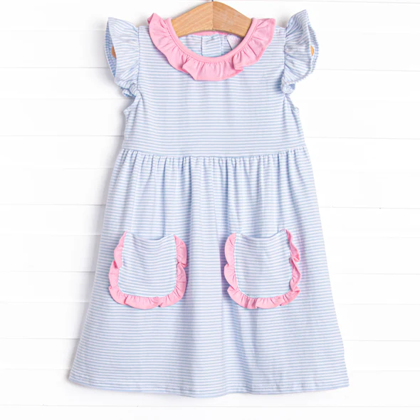 (Custom Design Preorder MOQ 5) Blue Stripes Print Pockets Girls Knee Length Summer Dress