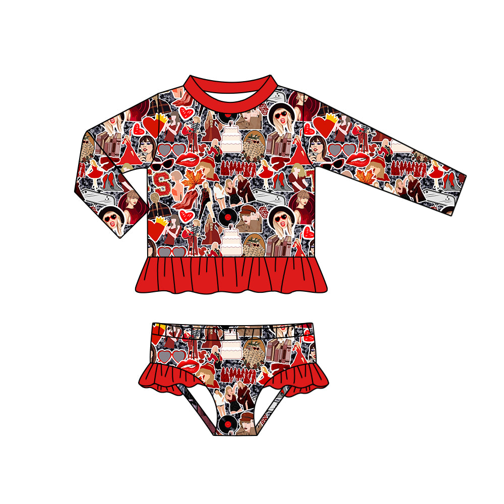 (Custom Design Preorder MOQ 5) Singer Swiftie Red Print Girls 2 Pieces Long Sleeve Swimsuits