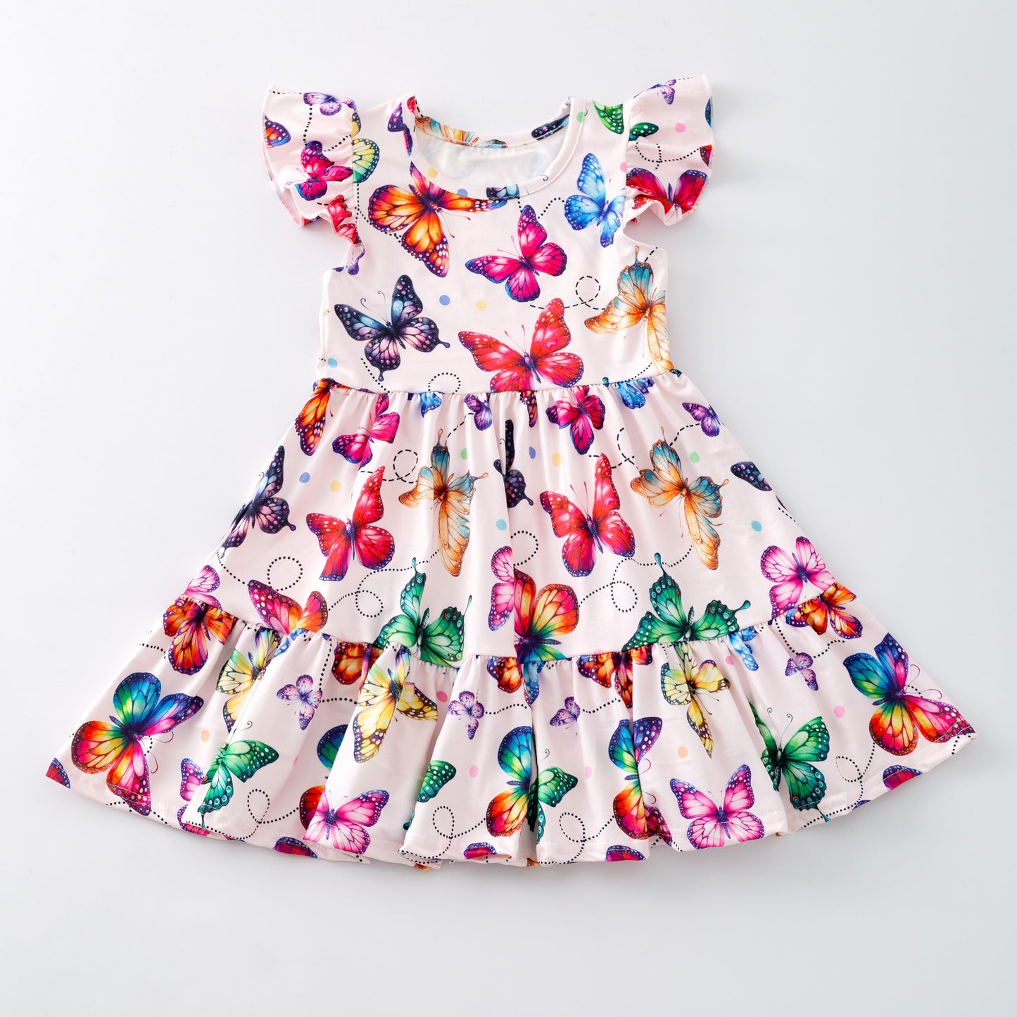 (Custom Design Preorder MOQ 5) Colorful Butterfly Print Girls Flutter Sleeve Knee Length Dress
