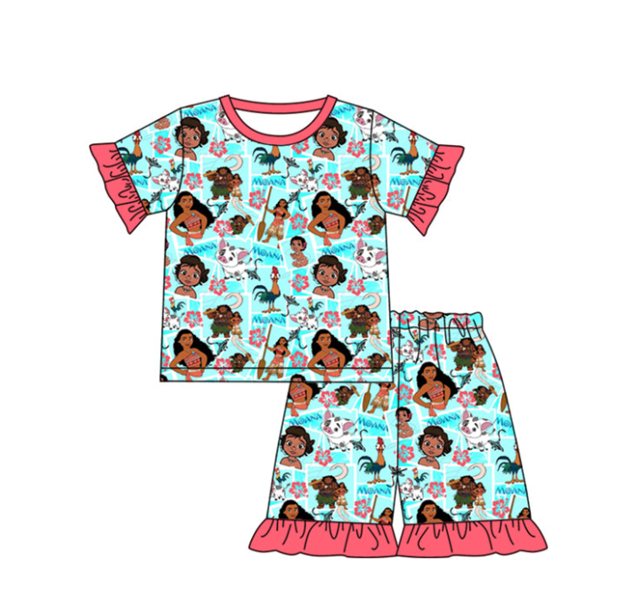 (Custom Design Preorder MOQ 5) Cartoon Princess Print Girls Summer Pajamas Clothes Set