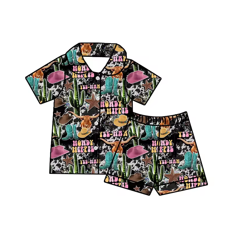 (Custom Design Preorder MOQ 5) Howdy Cow Cactus Print Girls Summer Pajamas Western Clothes Set