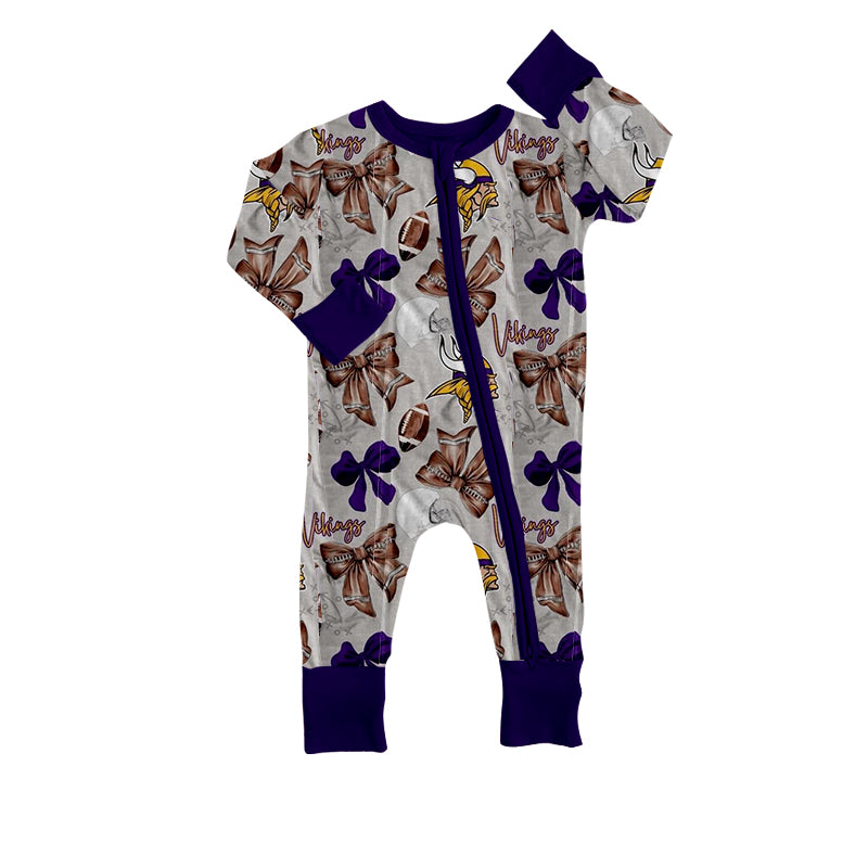 (Custom Design Preorder MOQ 20) Team's Vikings Bows Print Baby Girls Fall Bamboo Sleeper Zipper Romper