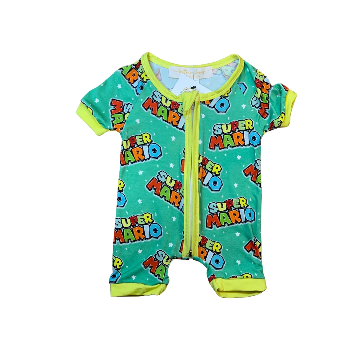 (Custom Design Preorder MOQ 5) Cartoon Games Mari* Print Baby Summer Sleeper Zipper Romper