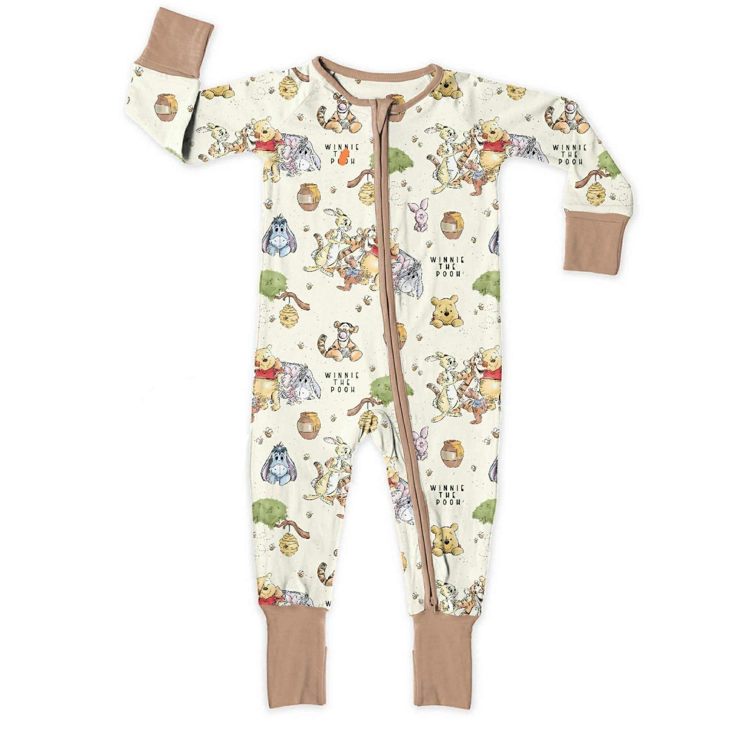 (Custom Design Preorder MOQ 5) Cartoon Bear Winni* Print Baby Fall Sleeper Zipper Romper
