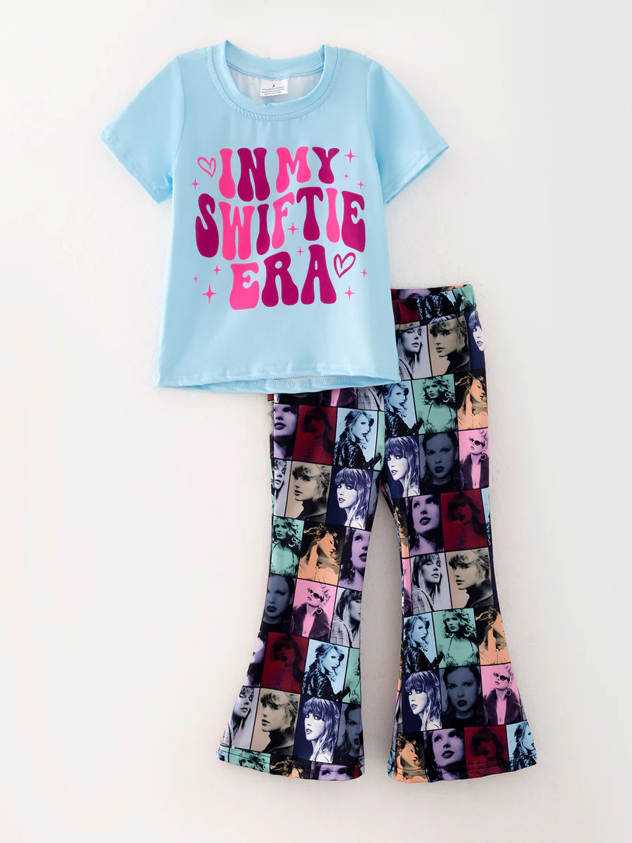 (Custom Design Preorder MOQ 5) Singer Swiftie Blue Top Bell Pants Girls Clothes Set