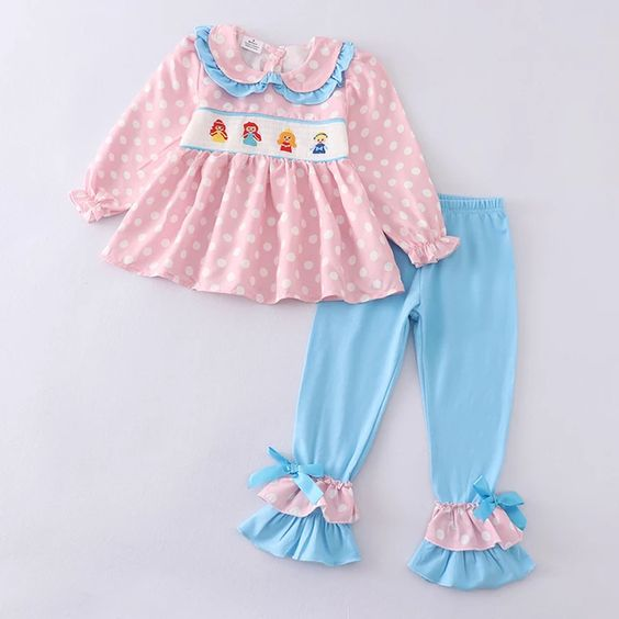 (Custom Design Preorder MOQ 5) Pink Dots Cartoon Princess Print Girls Clothes Set
