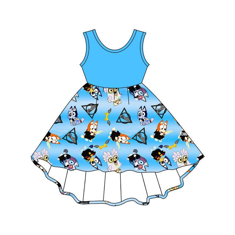 (Custom Design Preorder MOQ 5) Blue Cartoon Dog Print Girls High Low Summer Dress