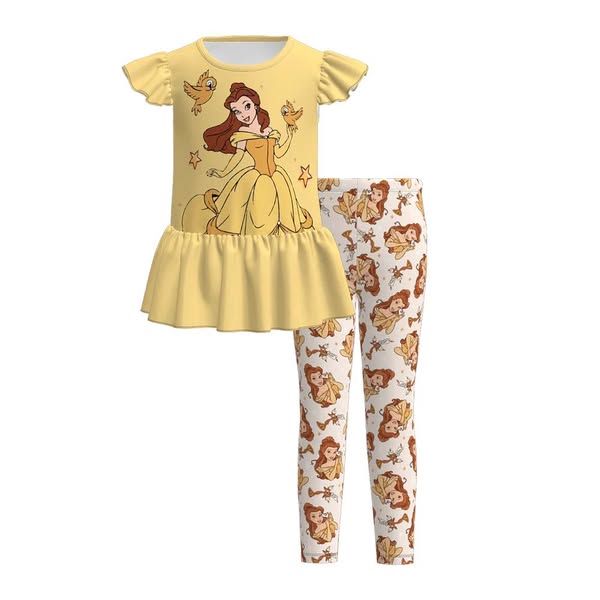 (Custom Design Preorder MOQ 5) Cartoon Princess Yellow Top Legging Pants Girls Clothes Set