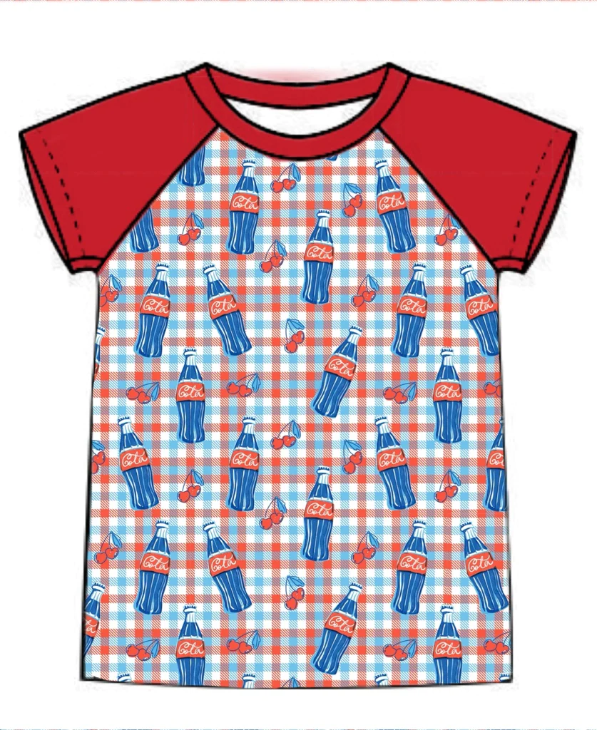 (Custom Design Preorder MOQ 5) Cherry Plaid Print Boys 4th of July Tee Shirts Top