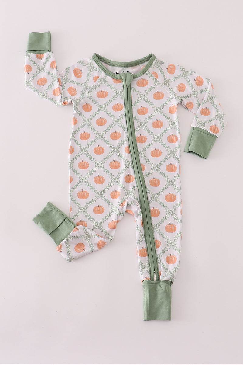 (Custom Design Preorder MOQ 5) Pumpkin Print Baby Boys Fall Sleeper Zipper Romper