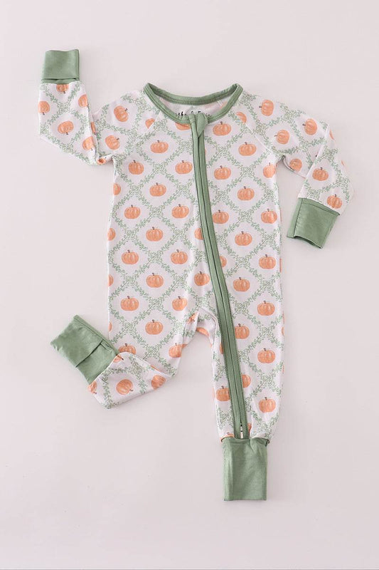 (Custom Design Preorder MOQ 5)  Pumpkin Print Baby Boys Fall Sleeper Zipper Romper