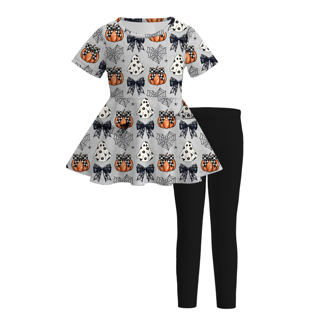 (Custom Design Preorder MOQ 5) Pumpkin Ghost Bows Tunic Top Black Pants Girls Halloween Clothes Set