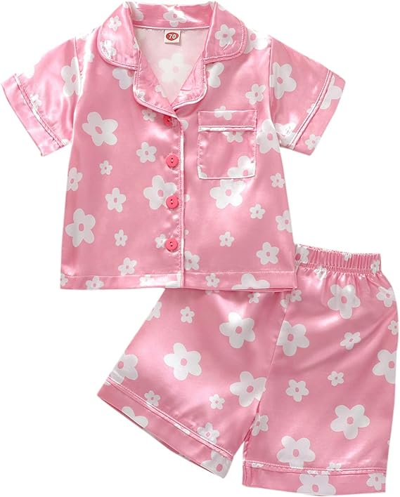 (Custom Design Preorder MOQ 5) Pink Flowers Print Girls Summer Pajamas Clothes Set