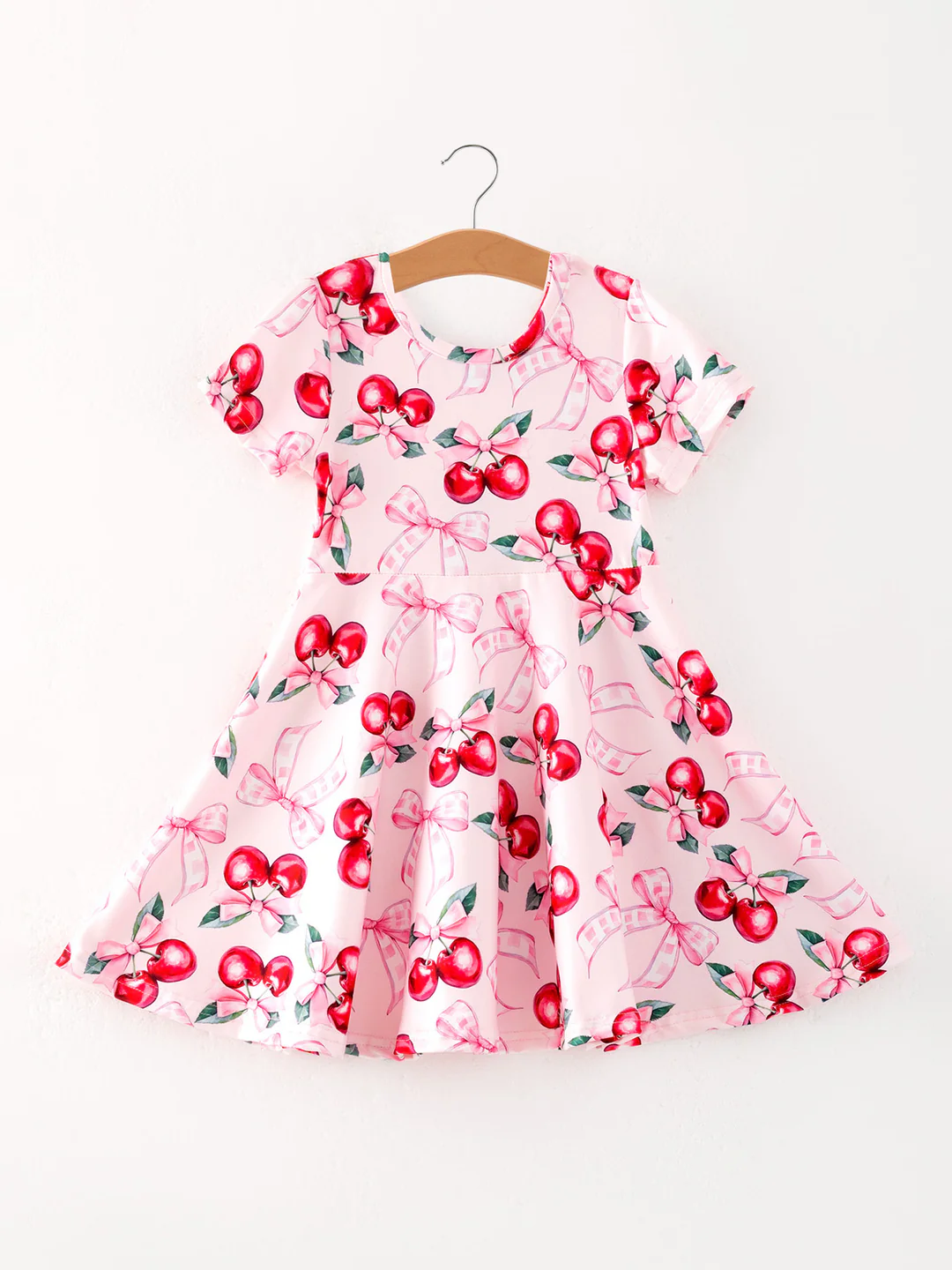 (Custom Design Preorder MOQ 5) Cherry Bows Print Girls Summer Knee Length Dress