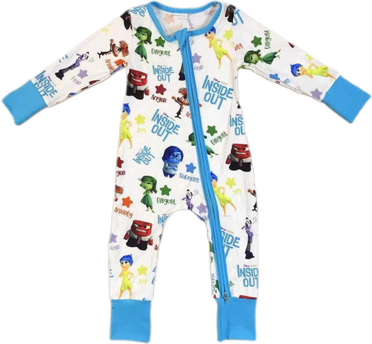 (Custom Design Preorder MOQ 20)  Cartoon Figure Inside Out White Print Baby Girls Bamboo Fall Sleeper Zipper Romper