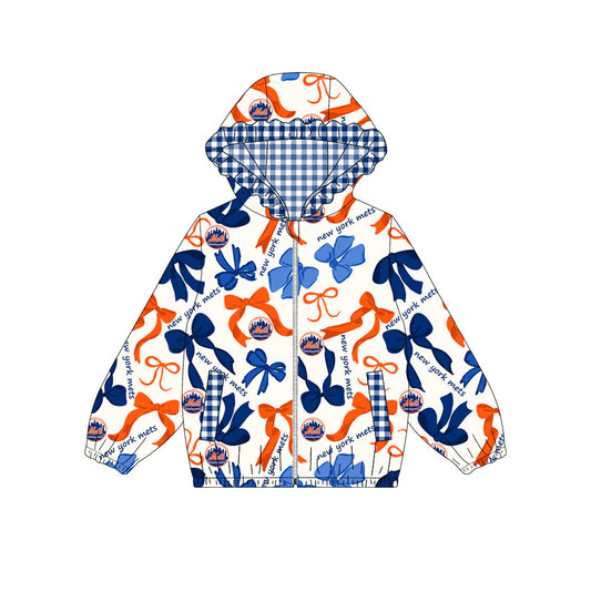 (Custom Design Preorder MOQ 5) Team's NEW YORK METS Bows Print Pockets Girls Long Sleeve Zipper Jackets Top