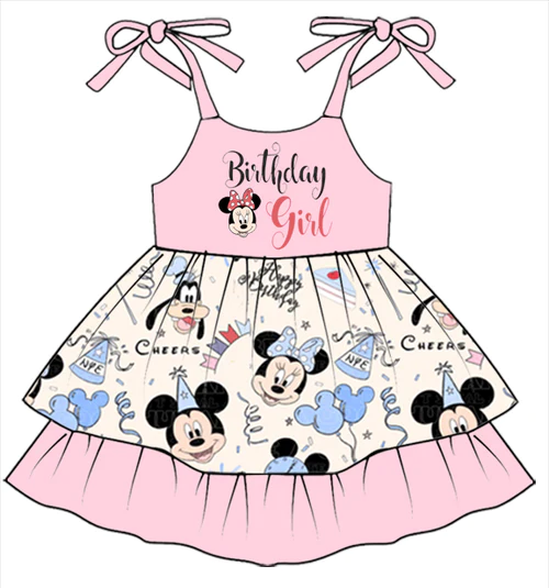 (Custom Design Preorder MOQ 5) Cartoon Mouse Print Brithday Girls Knee Length Strap Summer Dress